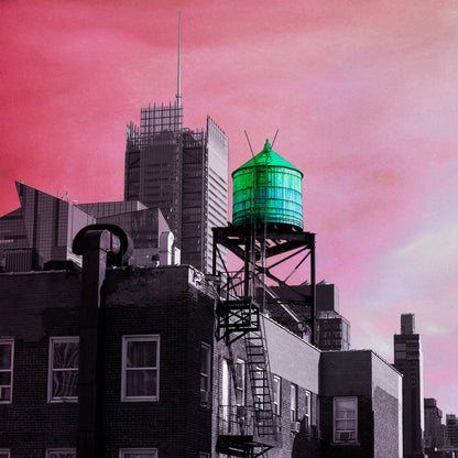 NEW YORK TIMES AND WATER TOWER, PINK SKY