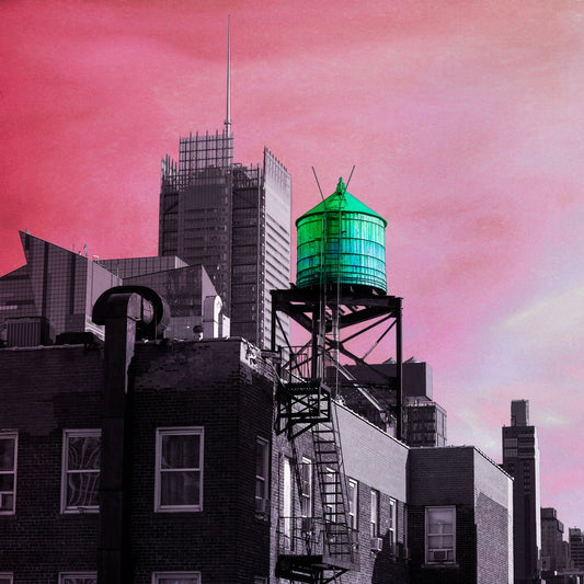 NEW YORK TIMES AND WATER TOWER, PINK SKY