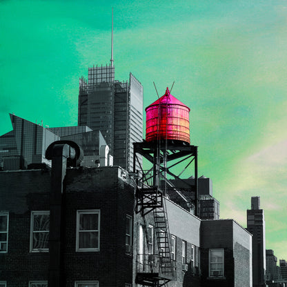 NEW YORK TIMES AND WATER TOWER, GREEN SKY