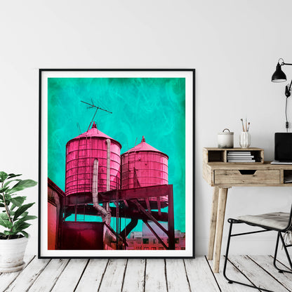 NYC WATER TOWERS, Pink on Teal
