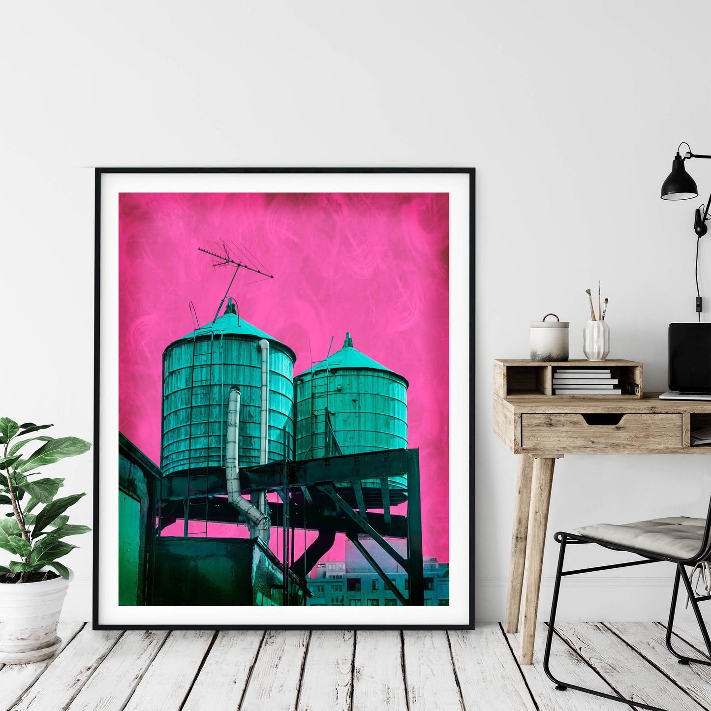 NYC WATER TOWERS, Teal on Pink