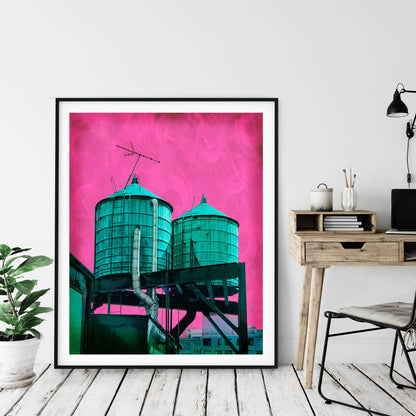NYC WATER TOWERS, Teal on Pink