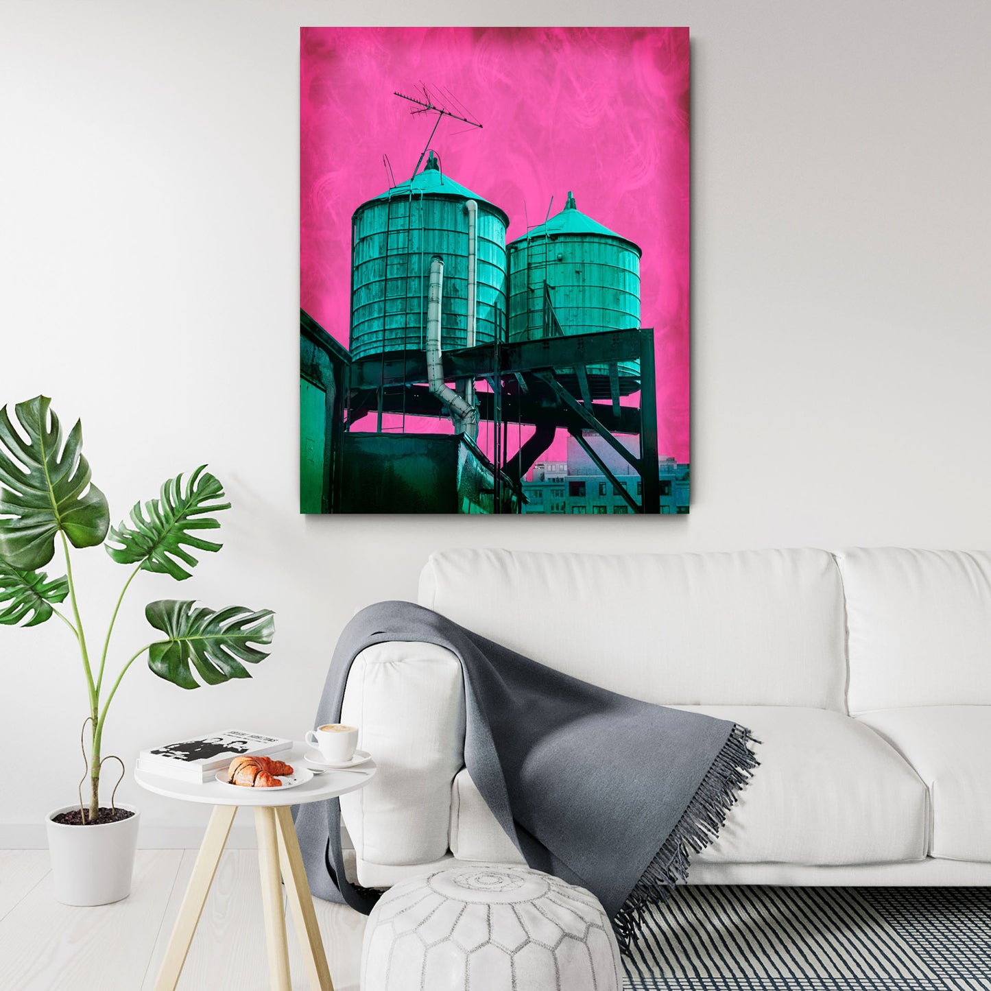 NYC WATER TOWERS, Teal on Pink