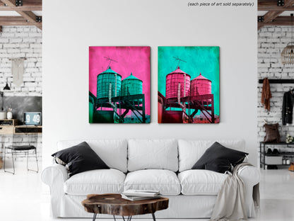 NYC WATER TOWERS, Pink on Teal